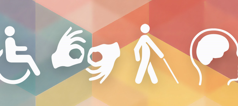 Above: Disability symbols – white silhouettes of a person in a wheelchair, two hands signing, a blind person with a cane, and a brain inside a person’s head – sit against a multicolored background. Image comes from Penn Creative Strategy.