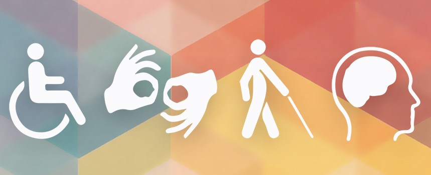 Above: Disability symbols – white silhouettes of a person in a wheelchair, two hands signing, a blind person with a cane, and a brain inside a person’s head – sit against a multicolored background. Image comes from Penn Creative Strategy.