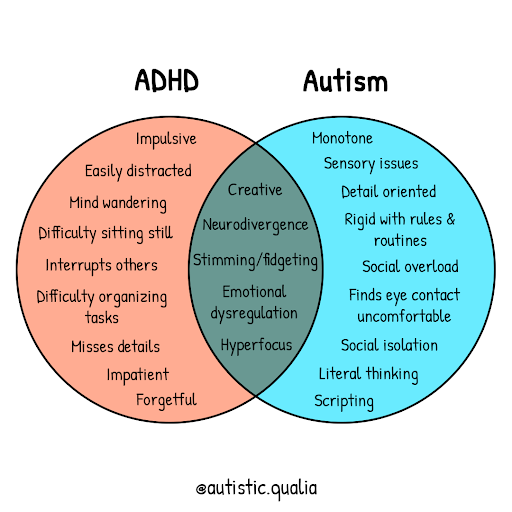 Image contains a Venn Diagram giving a simplified representation of Autistic and ADHD traits.