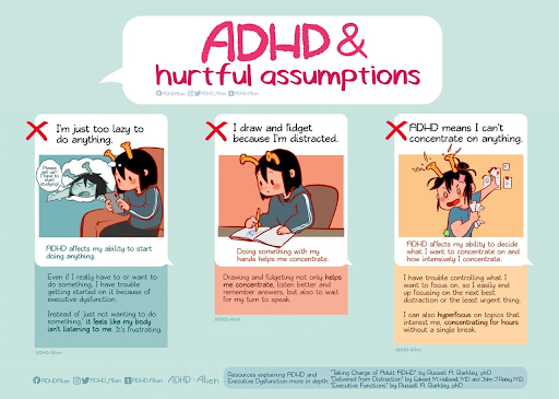 Alt text: This webcomic by ADHD Alien responds to three hurtful assumptions: 1) “I’m just too lazy to do anything.” Response: “ADHD affects my ability to start doing anything.” 2) “I draw and fidget because I’m distracted.” Response: “Doing something with my hands helps me concentrate.” 3) “ADHD means I can’t concentrate on anything.” Response: “ADHD affects my ability to decide what I want to concentrate on and how intensely I concentrate.”