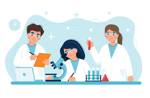 Whimsical drawing of 3 scientists wearing lab coats. At the center, a woman with safety goggles looks through a microscope and writes notes. On the left, a man looks at a computer and takes notes. On the right, a woman wearing safety goggles holds up a tube containing a red liquid. In front of her are more tubes of liquid and a beaker.
